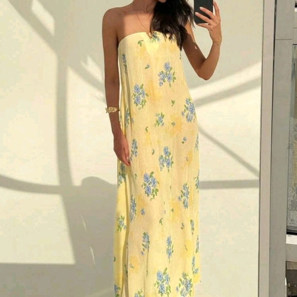 New Strapless Pleated Wrinkle Beach Vacation Sexy Slimming Artistic Print Dress - Picture 7 of 7